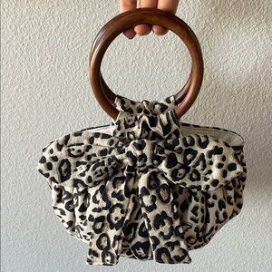 Anthropologie Leopard Print Handbag with Wooden Handle and Bow